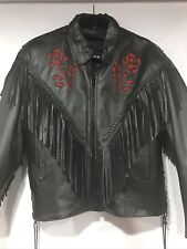 VTG YUKON JACK Black Leather Motorcycle Jacket Red Roses & Fringe Womens L Rare! for sale  Shipping to South Africa