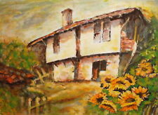 Pintura al óleo impresionista vintage paisaje casa girasoles segunda mano  Embacar hacia Argentina