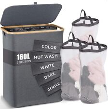 160L Laundry Basket 3 Section Large with Lid Collapsible Hamper Grey for sale  Shipping to South Africa