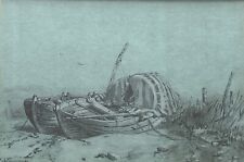 Antique Pencil Sketch-Boats Moored/Beached-Monogrammed-Dated 1908-Framed for sale  Shipping to South Africa