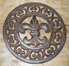 Cast Iron Round FLEUR DE LIS Plaque Sign Rustic Saints Decor TRIVET French, used for sale  Shipping to South Africa