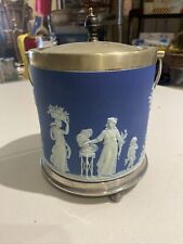 Wedgwood Blue JASPERWARE Antique Biscuit Barrel Jar & Silver Lid ~ Circa 1800’s for sale  Shipping to Canada