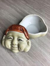 Ceramic Trinket Dish with Lid Buddha Head Laughing Smiling Characters on bottom for sale  Shipping to South Africa