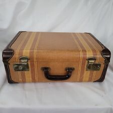 Vintage 1930-40s  Striped Suitcase Tweed Brass Hardware Leather Trim 18"x13"x7" for sale  Shipping to South Africa