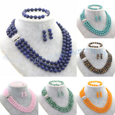 3 Rows Natural Multicolor Jade Round Gems Necklace Bracelet Earrings Jewelry Set for sale  Shipping to South Africa