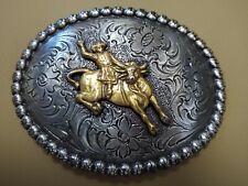 Rodeo Bull Riding Belt Buckle. Silver and Gold Color. Hand Tooled. 4" X 3". Nice for sale  Evans