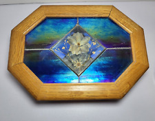 Stained Glass Jewelry Box Wood Oak Mirror Bottom Etched Glass Flowers 8"x11"x2.5 for sale  Shipping to South Africa