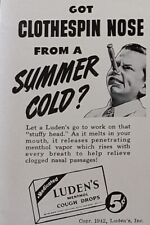 Used, 1942 Print Ad Luden's Menthol Cough Drops Closepin Nose From Summer Cold WWII for sale  Shipping to South Africa