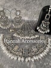Indian Bollywood Silver & Peach Mirror Necklace Earrings Tikka Bridal Partywear for sale  DERBY