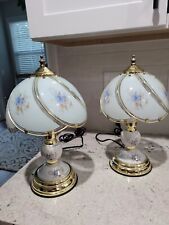Vintage Brass Tone Lamp Set w/Blue Floral Glass Panels 3-Way Touch Tested/Works! for sale  Shipping to South Africa