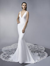 Used, Enzoani Marley Wedding Dress 10 Stretch Georgette Low V Sexy Long Lace Train for sale  Shipping to South Africa