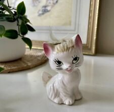 Vintage Kitsch White Ceramic Kitten Cat Sitting Green Eyes Hand Painted 3” Retro for sale  Shipping to South Africa