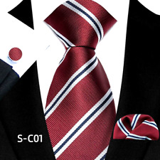 Novo conjunto de abotoaduras masculinas listradas prata vermelho jacquard tecido gravata lenço comprar usado  Enviando para Brazil
