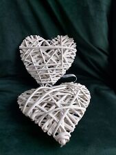 2 LARGE WHITE WICKER RATTAN WOVEN HANGING HEARTS  SHABBY CHIC HOME DECOR  for sale  Shipping to South Africa
