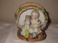 ANTIQUE GERMAN BISQUE PIANO BABY GIRL FIGURINE PLANTER, CAT & DOLL for sale  Shipping to South Africa