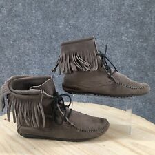Minnetonka Boots Womens 9 Fringe Moccasin Ankle Booties Gray Suede Lace Up for sale  Shipping to South Africa