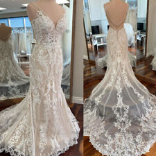 Luxury Champagne Lace Mermaid Wedding Gowns Modest Bridal Boho Dress Cut Out for sale  Shipping to South Africa