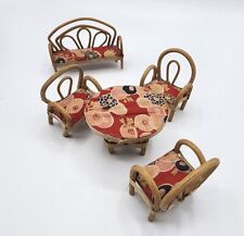 Vtg 5 pc Primitive Dollhouse Miniature Wooden Wicker Bench & Table Fabric Cover , used for sale  Shipping to South Africa