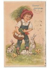 1955 Bassi Buona Pasqua cartolina bambino cesto uova pulcini conigli gerla fieno usato  Fiumicello Villa Vicentina