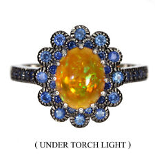 Unheated Oval Fire Opal 9x7mm Sapphire Diamond Cut 925 Sterling Silver Ring 7.5 for sale  Shipping to Canada