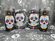 Sugar Skull Travel Mug Plate Set Day Of The Dead Halloween Twist Top 4 Pc Gift for sale  Miami