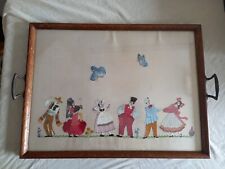 Used, Vintage wooden lap tea tray+ handles glass hand embroidered dancers butterflies  for sale  Shipping to South Africa