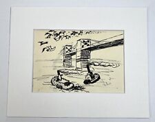 Vtg Folk Art Ink Drawing Tugboats By Brooklyn Bridge 8x10” Matted Signed Sketch for sale  Shipping to South Africa