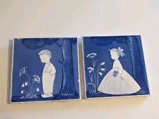 Pair of Blue and White Swedish Pottery Mini Tiles Girl and Boy Signed Nyblom for sale  Shipping to South Africa