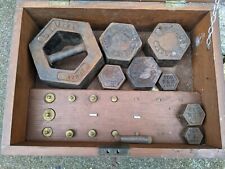 SET VINTAGE CAST IRON & BRASS SCALES WEIGHTS - AVERY- 5KG- 1 GR - IN WOODEN BOX for sale  Shipping to South Africa