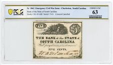 1862 5c El Banco del Estado de Carolina del Sur Billete - Era de la Guerra Civil PCGS CU 63 segunda mano  Embacar hacia Argentina
