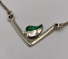 Used, Sterling Silver 925 Necklace 16” Signed Flying V With Green Enamel Leaf Inlay for sale  Shipping to South Africa
