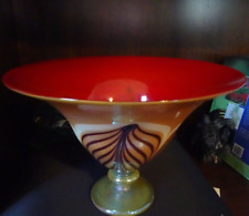 1997 Signed Rick Strini Studio Art Glass Red Golden Pulled Feather Compote 9.35" for sale  Shipping to South Africa