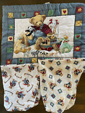 Vintage Blue Jean Teddy Bear Crib Quilt Noahs Ark Baby Blanket Sheets Set Lot, usado comprar usado  Enviando para Brazil