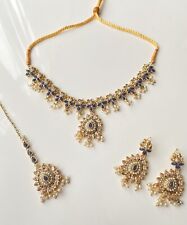 Indian/Pakistani Blue Kundan Necklace set with earring and tekka, used for sale  UK