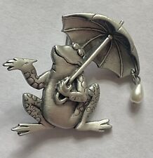 Used, VINTAGE Signed Jonette (JJ) Frog with Umbrella & Pearl Brooch Pewter Color for sale  Shipping to South Africa