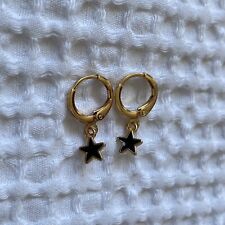 Gold Huggie Hoop Earrings with Small Black Star Charm for sale  Shipping to South Africa