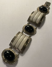 Vintage Mexico Sterling Silver Onyx Soapstone 1.5” Wide 7” Bracelet 95.8g for sale  Shipping to South Africa
