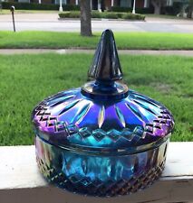 Vintage Indiana  Glass Blue Carnival Iridescent Candy Dish Bowl w. Lid 6". NICE! for sale  Colorado City