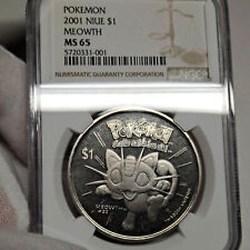 2001 Niue MS65 Meowth Pokemon $1 Dollar Coin, NGC Graded, used for sale  Kechi
