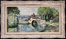 FELIX RAOUL ETEVE (1870-1939) HUGE SIGNED FRENCH OIL CANVAS VILLAGE RIVER SUMMER, used for sale  Shipping to Canada