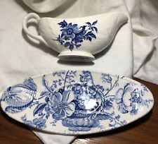 CHARLOTTE ROYAL CROWNFORD IRONSTONE ENGLAND GRAVY BOAT & UNDER PLATE BLUE FLORAL for sale  Fall River
