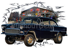 1955 Black Chevy Sedan Gasser Custom Hot Rod Garage T-Shirt 55 Muscle Car Tee's, used for sale  Shipping to Canada