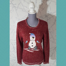 Episcia Heathered Red Cotton Knit Crewneck Sweater w/ Snowman | Women's L for sale  Shipping to South Africa