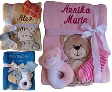 Baby blanket embroidered with name + addition baby socks baby rattle gripper baby baptism for sale  Shipping to South Africa