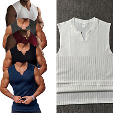 Camisas musculares para hombre acanaladas atléticas camiseta sin mangas chaleco deportivo transpirable color liso segunda mano  Embacar hacia Mexico