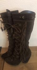Bronx Boho Brown Suede Tassel Lace Up Inside Zip Knee High Boots Cuban Heel Uk 4, used for sale  Shipping to South Africa