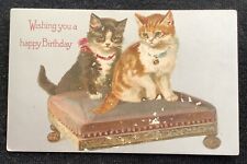 Vintage Cats Kittens On Footstool Happy Birthday Postcard Flaws Silver Foil for sale  Shipping to South Africa