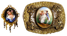 2 broches de porcelana pintados à mão retrato vitoriano feminino dourado ornamentado comprar usado  Enviando para Brazil