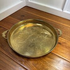 India Solid Brass Round Serving Tray 12 1/2” Etched Design Floral Handles Vanity for sale  Shipping to South Africa