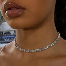 18k Platinum Plated Tennis Necklace made w Swarovski Crystal 3 mm Round Stone, used for sale  Shipping to South Africa